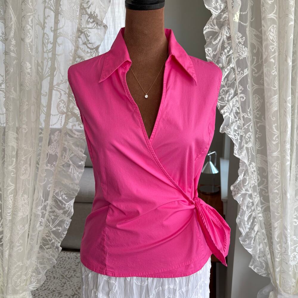 90s Vintage Dressbarn Hot Pink Wrap Top Cotton Blend Collared Blouse Y2K‎ Small